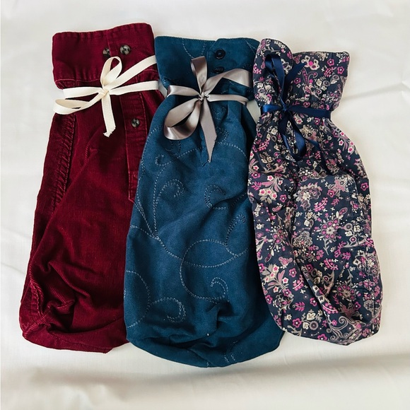 Wine Bottle Gift Bags Re-usable Upcycled Fabric Bag Set of 3 - Picture 4 of 4